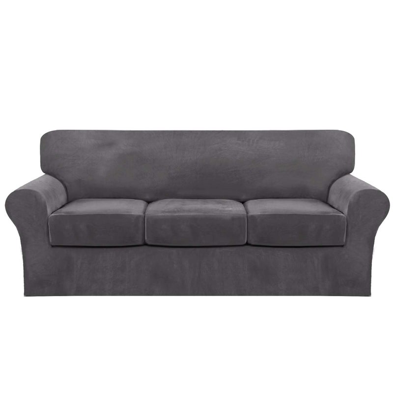 FantasDecor 4 Piece Sofa Velvet Couch Covers for 3 Cushion Stretch Slipcover with Individual Seat Cushion Elastic Furniture Protector for Pets, Machine Washable (Sofa, Gray) - Image 1